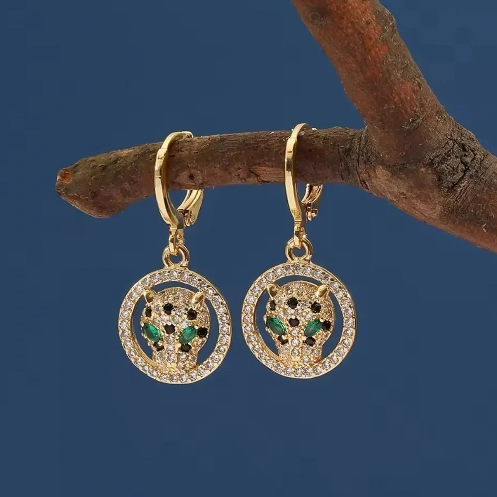 18K Gold Pavé Diamond Panther Designer Inspired Huggie Hoop Dangle Drop Earrings